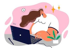 Successful woman freelancer working sitting at office desk with laptop preparing electronic report for boss. Girl secretary or freelancer fulfills order makes career as remote employee of company vector