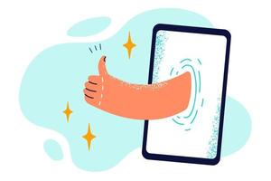 Thumbs up sticking out of phone display symbolizes likes on social networks or sympathy in dating service. Hand with thumbs up gesture in smartphone screen as sign of approval chatting online vector