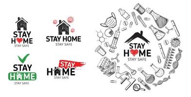 Laboratory research vector hand drawn icons set. Coronavirus.