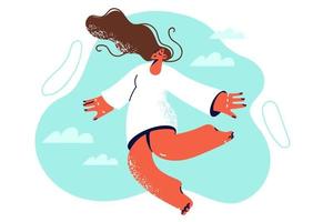 Sleeping woman flies in dream when she sees carefree dreams about happy future or beloved family. Girl with closed eyes soars among clouds enjoying sound sleep after hard working week vector