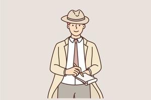 Smiling detective in trench coat and hat write in notepad. Happy male investigator make notes in notebook. Vector illustration.