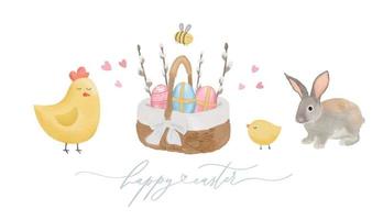 Watercolor Easter card. Easter cake, cart, egg, bee, flower and rabbit on a white background. vector