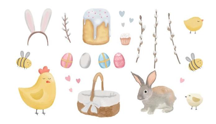 Set of watercolor Easter items. Easter cake, cart, egg, bee, flower on a white background.