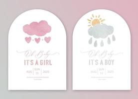 Cute baby shower watercolor invitation card for baby and kids new born celebration. Its a girl, Its a boy card with pink and grey clouds, sun and hearts. vector