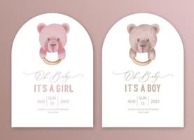 Cute baby shower watercolor invitation card for baby and kids new born celebration. Its a girl, Its a boy card with plush toy, rodents and rattles. vector