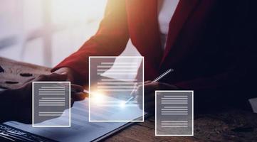 Document Management System, Online business contract Electronic signature, e-signing, digital document management, paperless office, signing business contract concept. photo