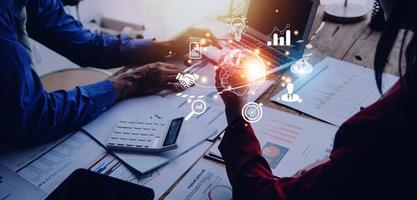 woman Hand holding virtual Global Internet connection metaverse. Business global internet connection application technology and digital marketing, Financial and banking, Digital link tech, big data. photo
