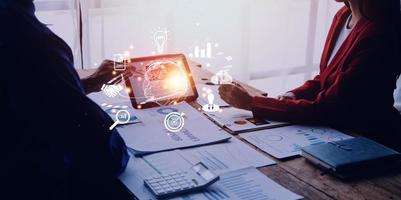 woman Hand holding virtual Global Internet connection metaverse. Business global internet connection application technology and digital marketing, Financial and banking, Digital link tech, big data. photo