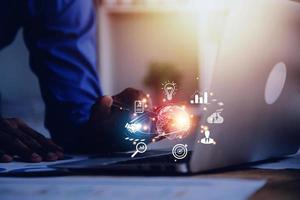 woman Hand holding virtual Global Internet connection metaverse. Business global internet connection application technology and digital marketing, Financial and banking, Digital link tech, big data. photo