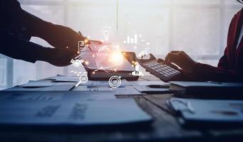 woman Hand holding virtual Global Internet connection metaverse. Business global internet connection application technology and digital marketing, Financial and banking, Digital link tech, big data. photo