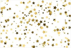 Random falling gold stars on white background. Glitter pattern for banner, greeting card, Christmas and New Year card, invitation, postcard, paper packaging vector