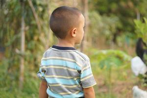 boy walking in the vegetable garden to collect vegetables to eat photo