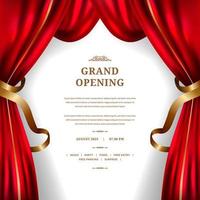 Grand opening with red curtain and golden ornament decoration poster announcement party stage theatre with white background vector