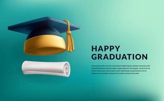 3d cute mortarboard for graduation cap graduate with certificate roll education with tosca background element vector