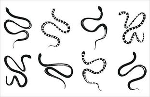 A set of hand-drawn snakes in black and white graphics. Reptiles for any design. Vector snakes in a minimalistic style.