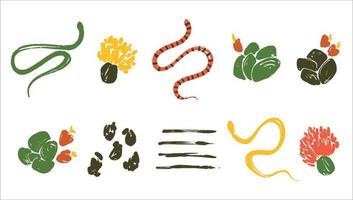 Set of illustrations with snakes, cacti and flowers. Reptiles with desert plants. Vector snakes in a minimalist style.