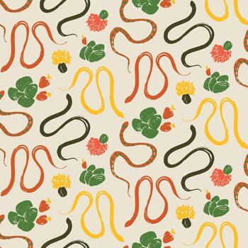 sin costura modelo con serpientes y cactus reptiles con Desierto plantas. vector serpientes en un minimalista estilo.