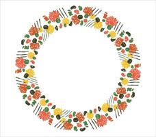 Round frame with flowers, cacti and geometric elements. Minimalistic vector design.