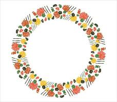 Round frame with flowers, cacti and geometric elements. Minimalistic vector design.