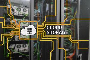 Cloud data storage concept on server room background. photo