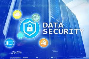 Data security, cyber crime prevention, Digital information protection. Lock icons and server room background. photo