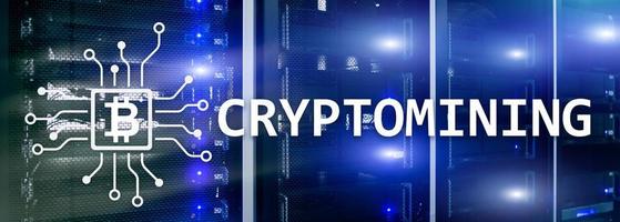 Cryptocurrency mining concept on server room background. photo