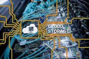 Cloud data storage concept on server room background. photo