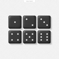 Realistic 3D black dice for casino, craps, poker, tabletop or board games with rounded edges and pips forming random numbers. vector