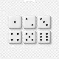 Realistic 3D white dice for casino, craps, poker, tabletop or board games with rounded edges and pips forming random numbers. vector