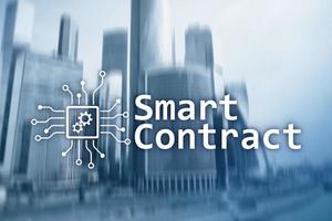 Smart contract, blockchain technology in business, finance hi-tech concept. Skyscrapers background. photo