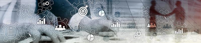 Business process abstract diagram with gears and icons. Workflow and automation technology concept. Website header banner. photo