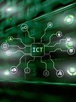 ICT - information and communications technology concept on server room background. photo