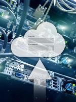 Cloud storage, data access, login and password request window on server room background. Internet and technology concept. photo