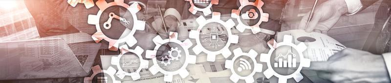 Automation technology and smart industry concept on blurred abstract background. Gears and icons. Website header banner. photo