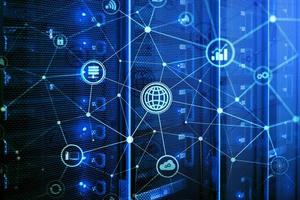 ICT - information and telecommunication technology and IOT - internet of things concepts. Diagrams with icons on server room backgrounds. photo