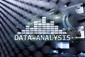 Big Data analysis text on server room background. Internet and modern technology concept. photo