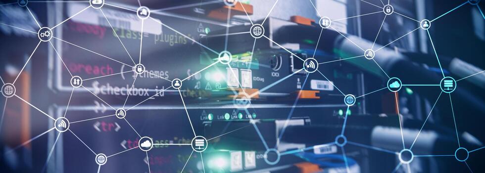 concepto de telecomunicaciones con estructura de red abstracta y fondo de sala de servidores. foto