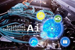 AI, Artificial intelligence, automation and modern information technology concept on virtual screen. photo