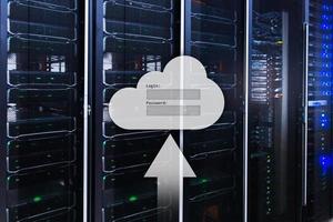 Cloud storage, data access, login and password request window on server room background. Internet and technology concept. photo