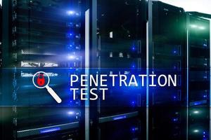 Penetration test. Cybersecurity and data protection. Hacker attack prevention. Futuristic server room on background. photo