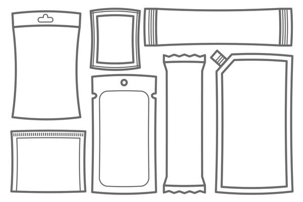 Sachets packs and pouch bags icons. Plastic and paper sticks for powder, sugar, medicine, sauce and coffee with zipper. Vector set