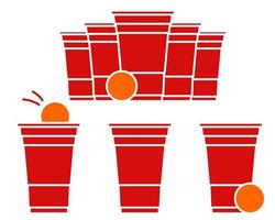 Red beer pong illustration. Plastic cup and ball with splashing beer. Traditional party drinking game. Vector