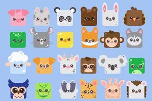 Cute square animal faces. Cartoom heads of characters. Set icons of cat, panda, pig, owl nand crocodile. Minimal simple design. Vector illustration