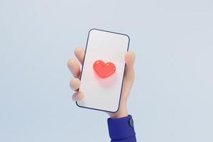 3D Cartoon hand holding smartphone mockup red like heart on screen isolated on blue background, Hand using mobile phone mockup. 3d render illustration photo