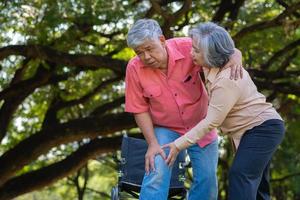 Asian senior man falling down on lying floor at park after Stumbled  and Crying in pain and him wife came to help support. Concept of old elderly insurance and health care photo