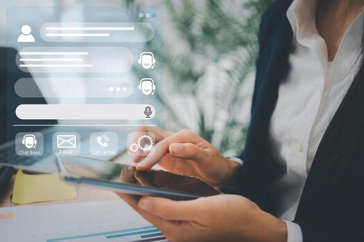 Person use customer service and support live chat with chatbot and automatic messages, Artificial intelligence, and CRM software technology. AI Chatbot smart digital customer service application. photo