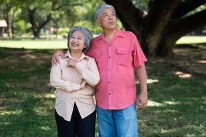 Portrait of lovely elderly couple hugging each other with love and happiness in a park outdoor. Happy smiling Elderly couple enjoying with positive emotions at garden photo