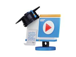 3d rendering computer monitor with a graduation cap and video player icon illustration vector