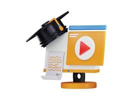 3d rendering computer monitor with a graduation cap and video player icon illustration vector