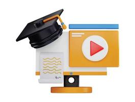 3d rendering computer monitor with a graduation cap and video player icon illustration vector